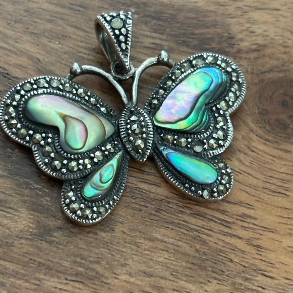 Elegant Vintage Sterling Silver spring Butterfly Pendant with Abalone marcasite